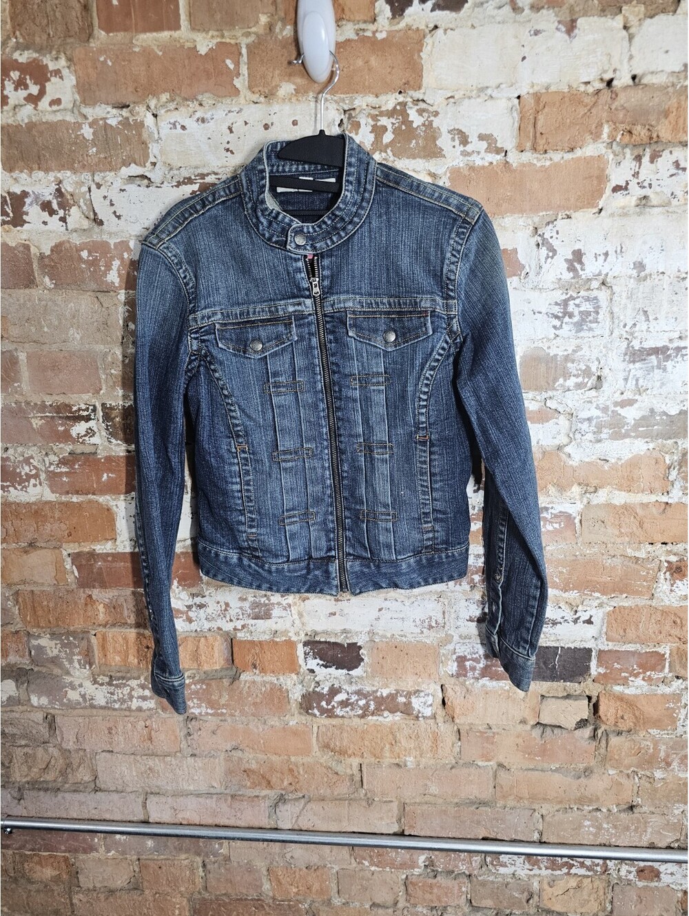 Vintage Y2K 2004 Tommy Hilfiger Denim Moto Jacket S/P Zip Front Dark Wash Fitted